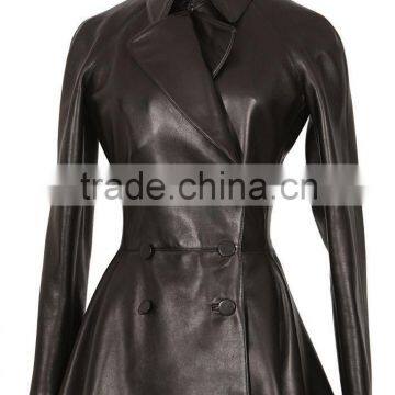 black Genuine Leather coat Double Breasted Two Pockets Women