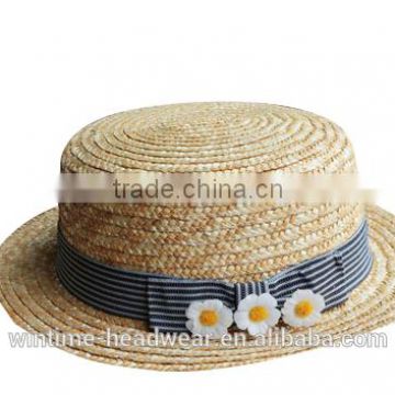 Best Beauty Flat Top Ladies Summer Bucket Straw Hat With Flower Ribbon