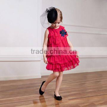 2016 Princess Stylish Fancy Frock Designs Baby Girl Red Chiffon Dress School Night Dress