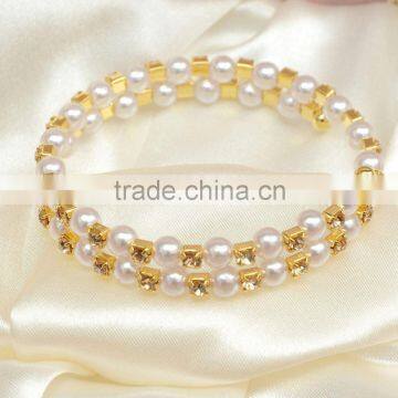 two rows pearl and rhinestone graduated wraparound coil bracelet