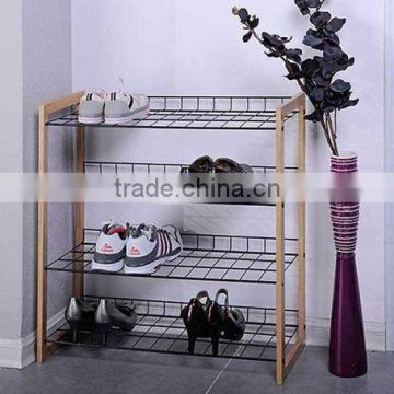 Four-layer stainless steel shoe rack with wood