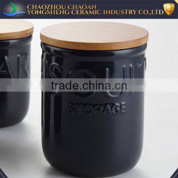 Black Ceramic Tea Coffee Sugar Biscuit Canister Set With Wooden Cover photo-2