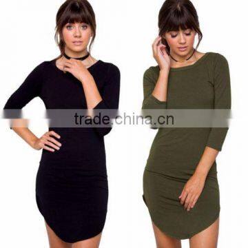 Women Casual 3/4 Sleeve Short Mini Dress Boat Neck Black Green Party Club Dress