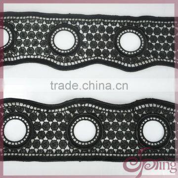 Black polyester embroidery lace trim, chemical lace trimming with holes for dress