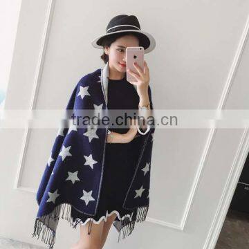 Wholesale Price 2017 New Arrival Girl Scarf White Stars Blue Bottom Color Printed 200*68cm School Student Tippet With Tassels photo-4