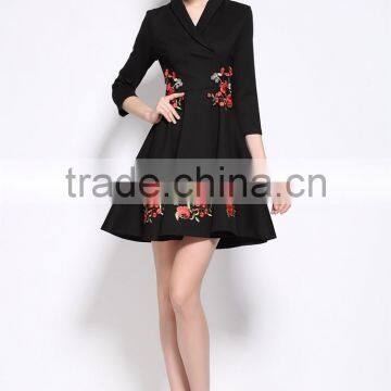 Ladies Autumn/winter V Neck 3/4 Sleeve Embroidered A-line Dress photo-6