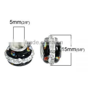 Lampwork Glass European Style Large Hole Charm Beads Round Silver Plated Core Black Clear Rhinestone photo-2