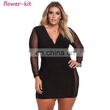 Women's Sexy V Neck Mesh Long Sleeves Autumn Plus Size Bodycon Dress