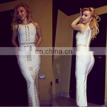 Amigo 2017 New Design White Sleeveless High Slit Heavy Beaded Sexy Bandage Dress Maxi Expensive Evening Dresses for Women Party photo-2
