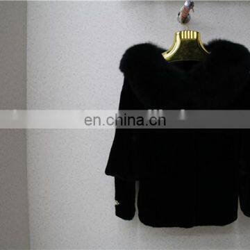 High Quality Black Rex Rabbit Fur Coat With Fox Fur Collar Garment Dyed Rex Rabbit Fur Jacket Clothing