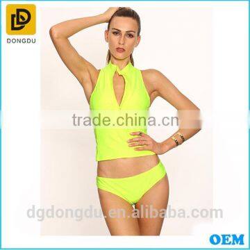 Summer Fashion Design Casual Fluorescent Yellow Zip Front Sexy Sleeveless Swimwear