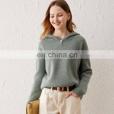 Women Loose Ribbed Knit Cashmere Merino Wool Hoodie with Button