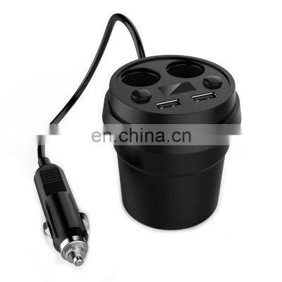 Car Charger Cup Holder Dual Cigarette Lighter Sockets Power Adapter With Dual USB Ports LED Black Car Accessories photo-3