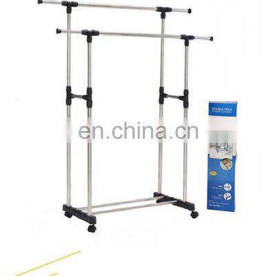 New design clothes rack with brake wheel stainless steel double pole dormitory hanger