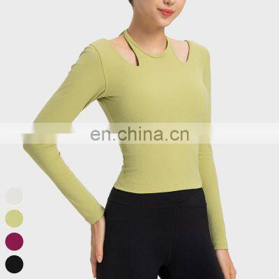 New Ladies T-shirt Running Wear Custom Sports Shirts Gym Fitness Top Women Long Sleeve Ribbed Strappy Halter Yoga T Shirt photo-5