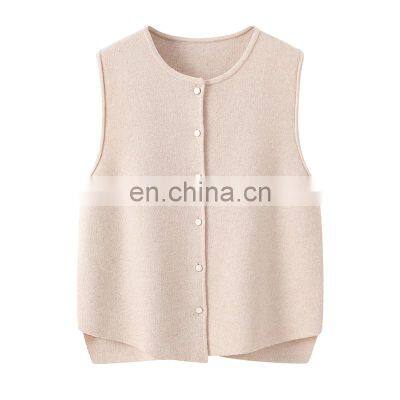 Custom Sleeveless Winter Women's Pure Cashmere Vest Knitted Woolen Button Up Casual Style with Embroidered Logo Back Outer Wear