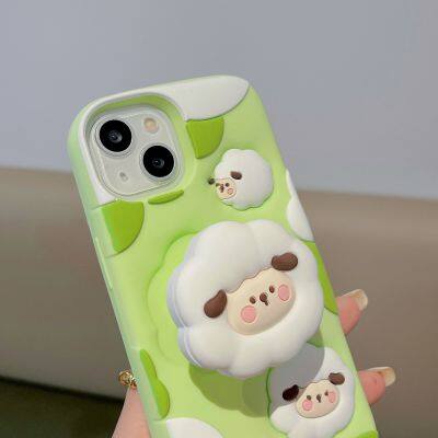 Soft Silicone Phone Case For IPhone 15 Pro Max 12 13 14 Decompression Green Small Sheep Expansion Bracket Protective Shell photo-2