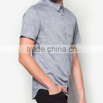 High Quality Grey Textured Men's Shirts Short Sleeve Mother Pearl Button photo-3
