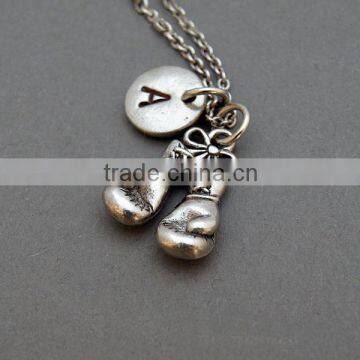 Boxing Gloves Necklace and Initial, Silver Boxing Glove Charm, Personalized Initial Necklace,Gold Silver Monogram Necklace photo-2