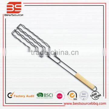Steel Meshes Folder Barbecue Grilling Clip with Wooden Handle for Sausage Meat Vegetables