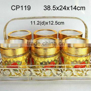 CP119 6pcs round glass jar with printing with golden rack