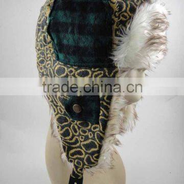 WLHMH068 10%wool,90%polyester leopard winter trapper trooper hats