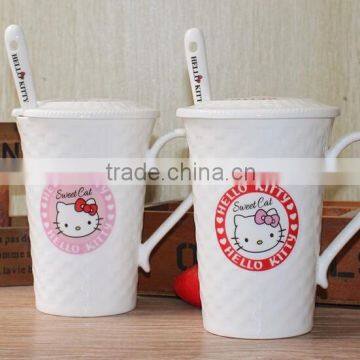 creative fashion lovely cartoon hello kitty relief ceramic coffee couples mug with different handles