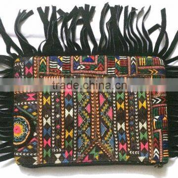 Latest Designs Traditional Women's vintage banjara clutch purse with leather fringes multi color embroidery