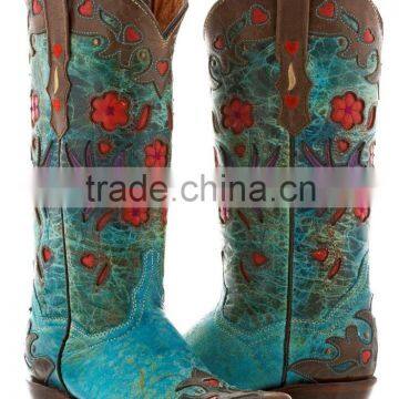 Womens Brown Turquoise Robin Flower Print Western Leather Rodeo Cowgirl Boots photo-3