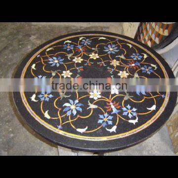 Black Round Marble Stone Inlay Dinning Table Top Pietra Dura Table Top