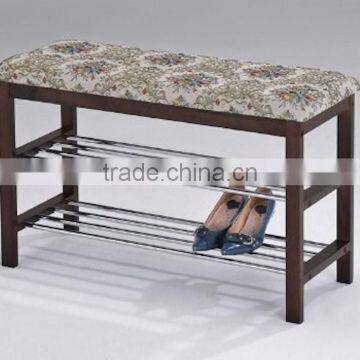 Wood Shoe Bench with Two Metal Racks and Fabric Floral Design Seat Cushion