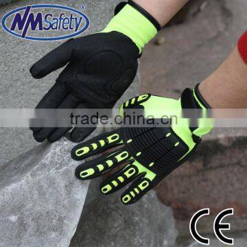 NMSAFETY 13g hi-viz yellow nylon dipped nitrile glovs with tpr Mechanical gloves anti-impact work gloves