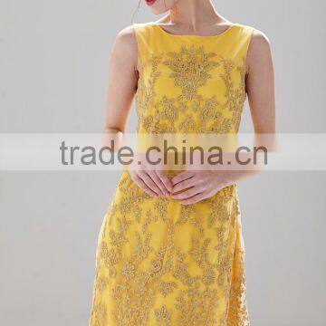 Boat -neck Sleeveless Gold Chiffon Ladies Gorgeous Fashion Dress SR- D9793 photo-4