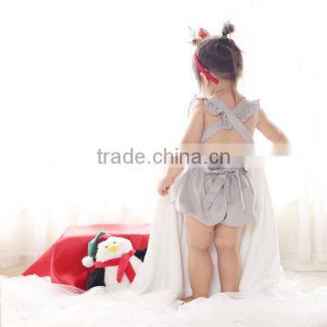 Boutique Flutter Sleeve Blue Girls Solid Color Cotton Jumpsuit Ruffle Baby Romper