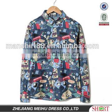2016 Cartoon printed men denim casual shirt