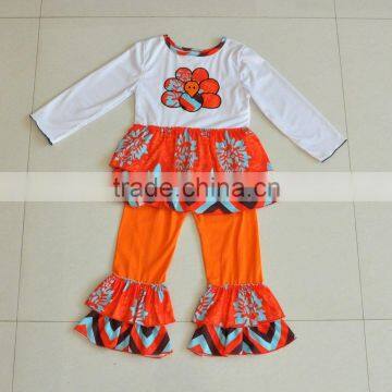 hot sale custom turkey emboridered energy orange long sleeve baby girl clothing set for thanksgiving day