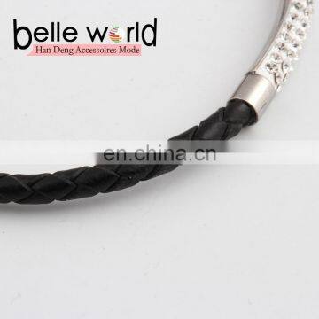Fashion Leather Braid Titanium Steel Bracelet With Rhinestone photo-6