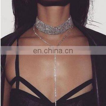 Multilayer Full Crystal Rhinestone Silver Plastic Choker Collar Necklace