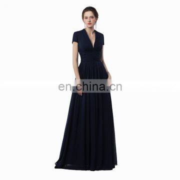 Elegant Long Gown Romantic Black Short Sleeve V-line Floor Length Zipper Chiffon Women Prom Dress