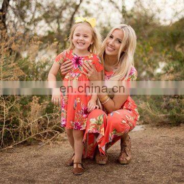 Mom And Daughter Dress Family Look Matching Outfits Short Sleeve Floral Mommy And Me Dresses Clothes Summer Beach Swimwear Dress