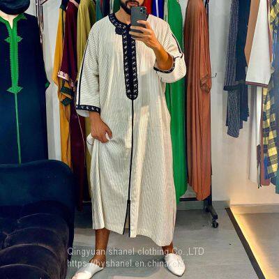 BS-1221970 Muslim Arab Men Long Sleeve Crew Neck Thobe Thawb Caftan