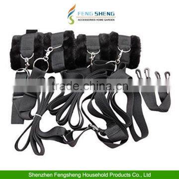 Under Bed Restraint System with Faux Fur Cuffs Black - Hidden Secret Bondage Set