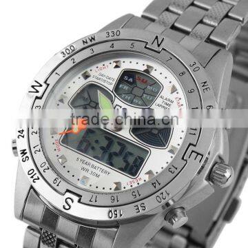 Brand New mens man analog digital alarm white face stainless steel sport quartz watch WM014-ESS