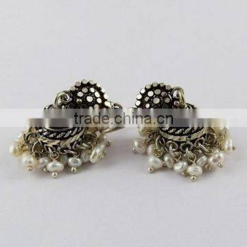Awesome Marcasite Jhumka Pearl & Black CZ 925 Sterling Silver Earring. Handmade Silver Jewelry, Online Silver Jewelry photo-3