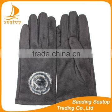 Women Classic Black Faux Suede Gloves With Rabbit Fur Ball