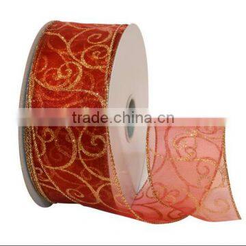 Christmas ribbon Swirl Wired Sheer Glitter Ribbon, 2-1/2 Inch 63mm Spool, red