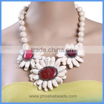 Wholesale White Turquoise Beads Semi Precious Gemstone Flower Chunky Choker Necklaces GN-DQ049