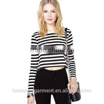 OEM fashion Europe design black and white stripes loose long sleeves crop top women T-shirt