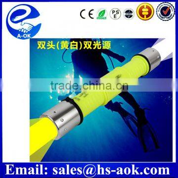 A-OK diver Waterproof Q5 LED diving Underwater yellow white light double head Flashlight Torch lamp