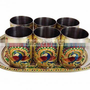 ROYAL PEACOCK Designed MEENAKARI Decorated Stainless Steel JUG/POT With Matching TRAY & 6-GLASSES - G.M. photo-6